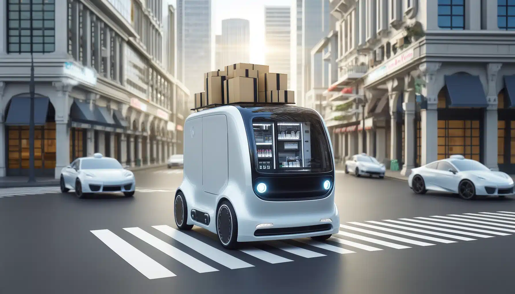 autonomous delivery vehicle driving on city streets, with parcels inside and visible technologies such as cameras and se