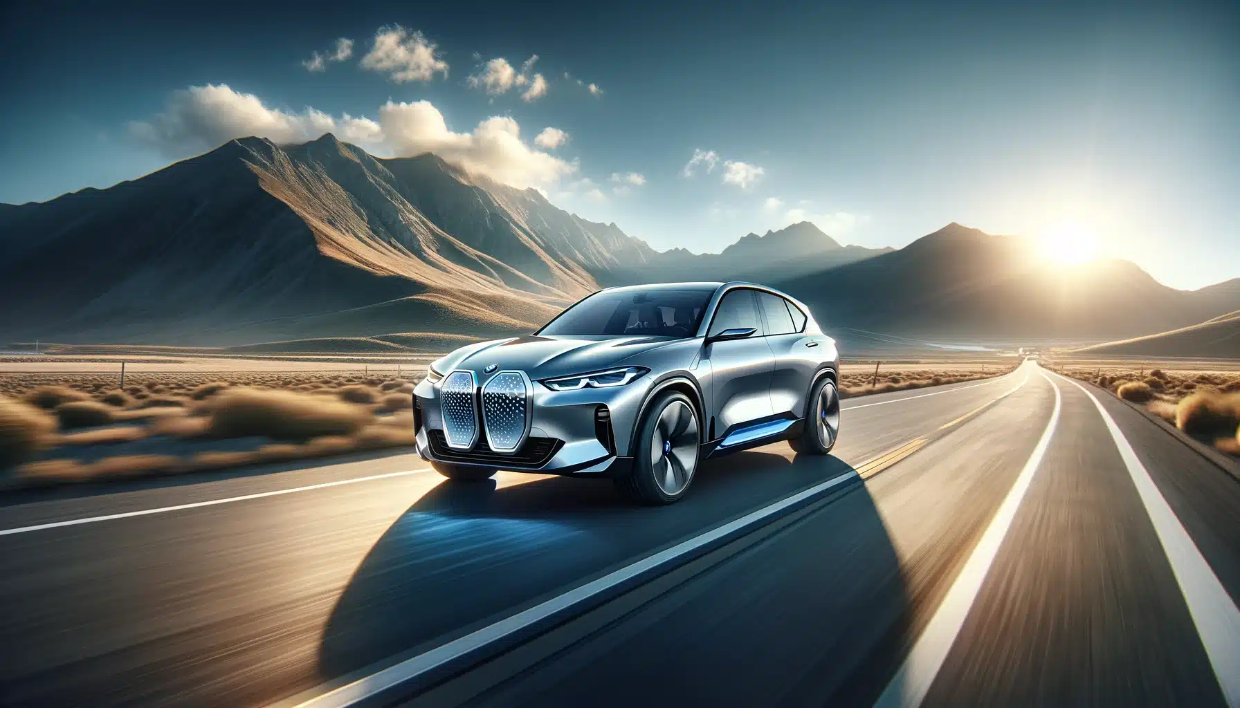 1A futuristic BMW iX electric SUV driving on a scenic road with a background of mountains and a clear blue sky, highlighting its advanced features and