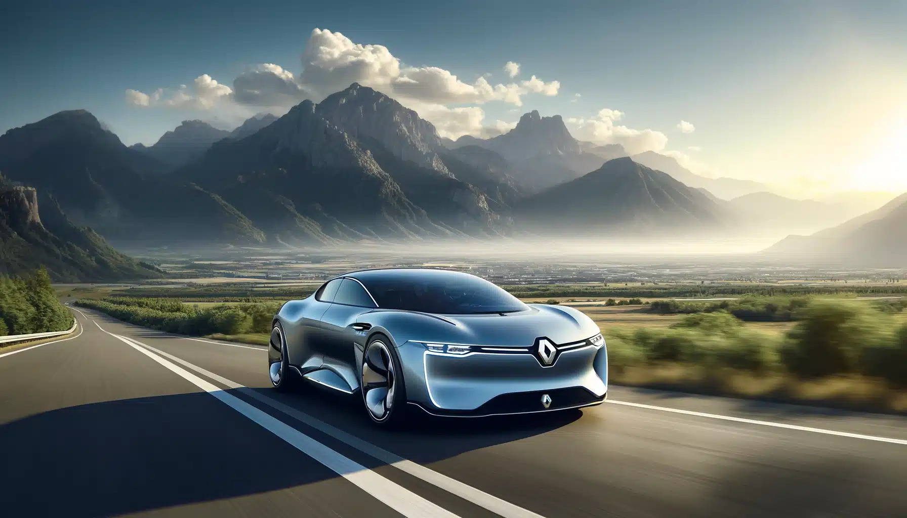 A futuristic Renault Morphoz electric concept car driving on a scenic road with a background of mountains and a clear blue sky, highlighting its advan