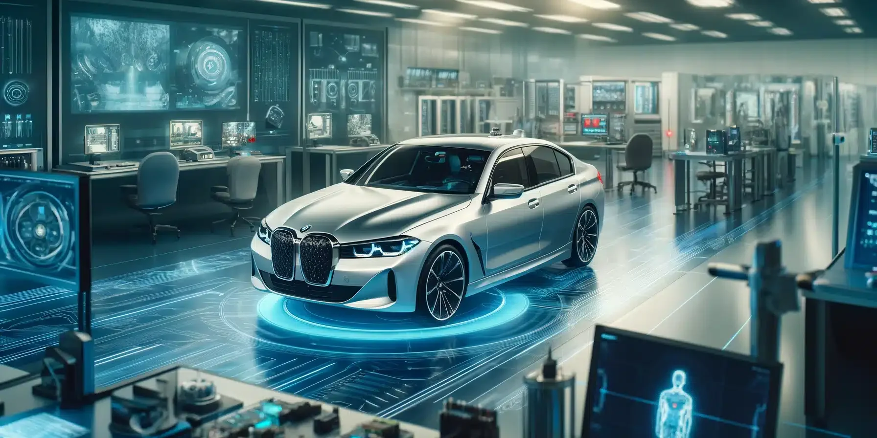 2A BMW car in a high-tech laboratory, highlighting the partnership with Qualcomm Technologies for autonomous driving technology. The car is surrounded