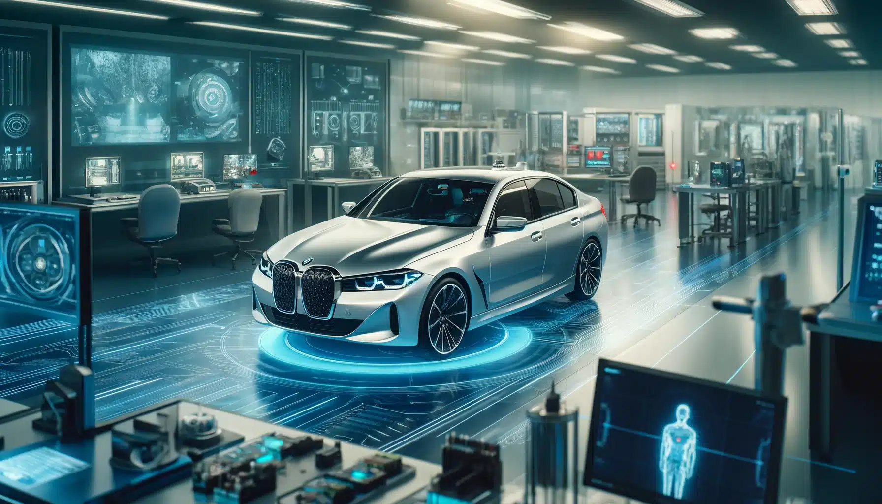 2A BMW car in a high-tech laboratory, highlighting the partnership with Qualcomm Technologies for autonomous driving technology. The car is surrounded