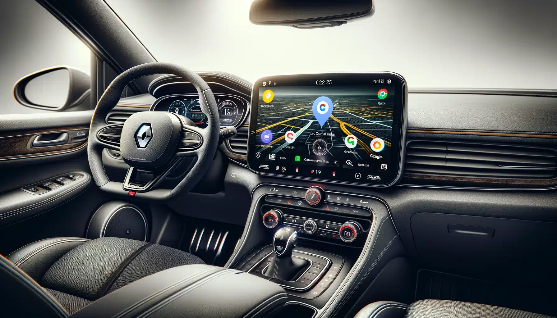 A modern Renault car interior with advanced infotainment system showing Google Maps and other connected services, highlighting the partnership with Go