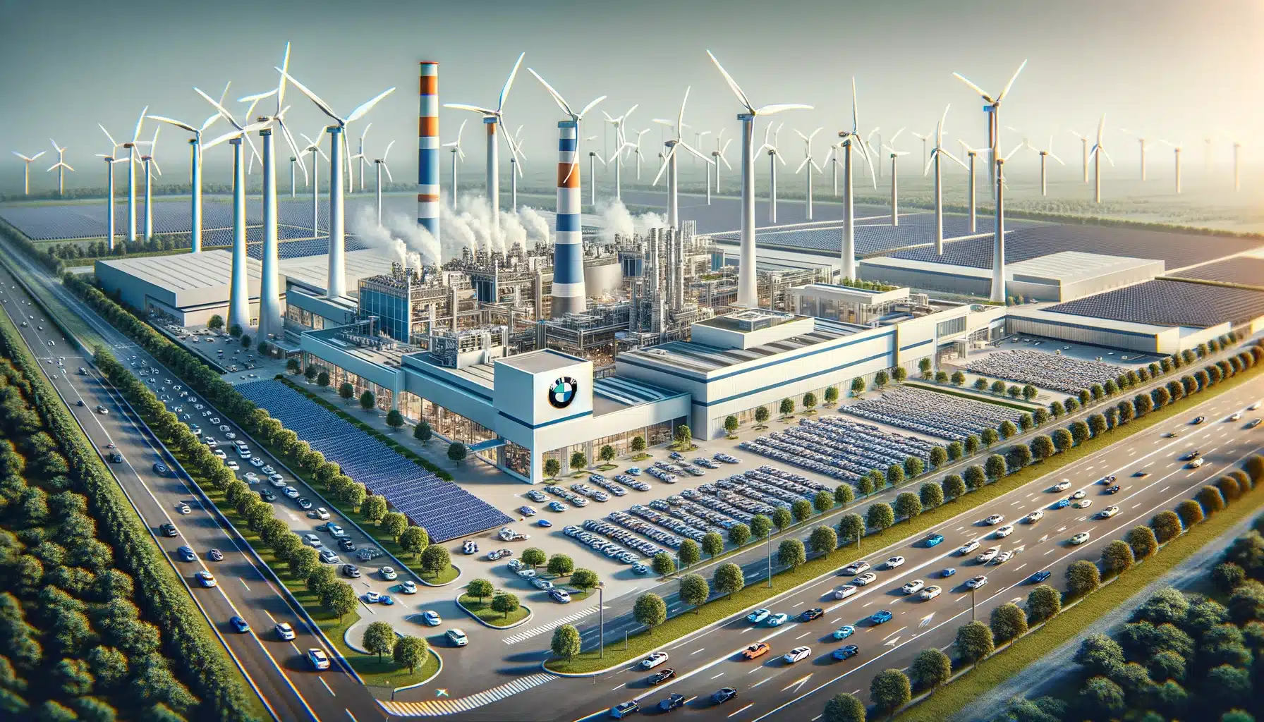 3A modern BMW factory powered by renewable energy in Debrecen, Hungary. The factory is surrounded by wind turbines and solar panels, showcasing its com