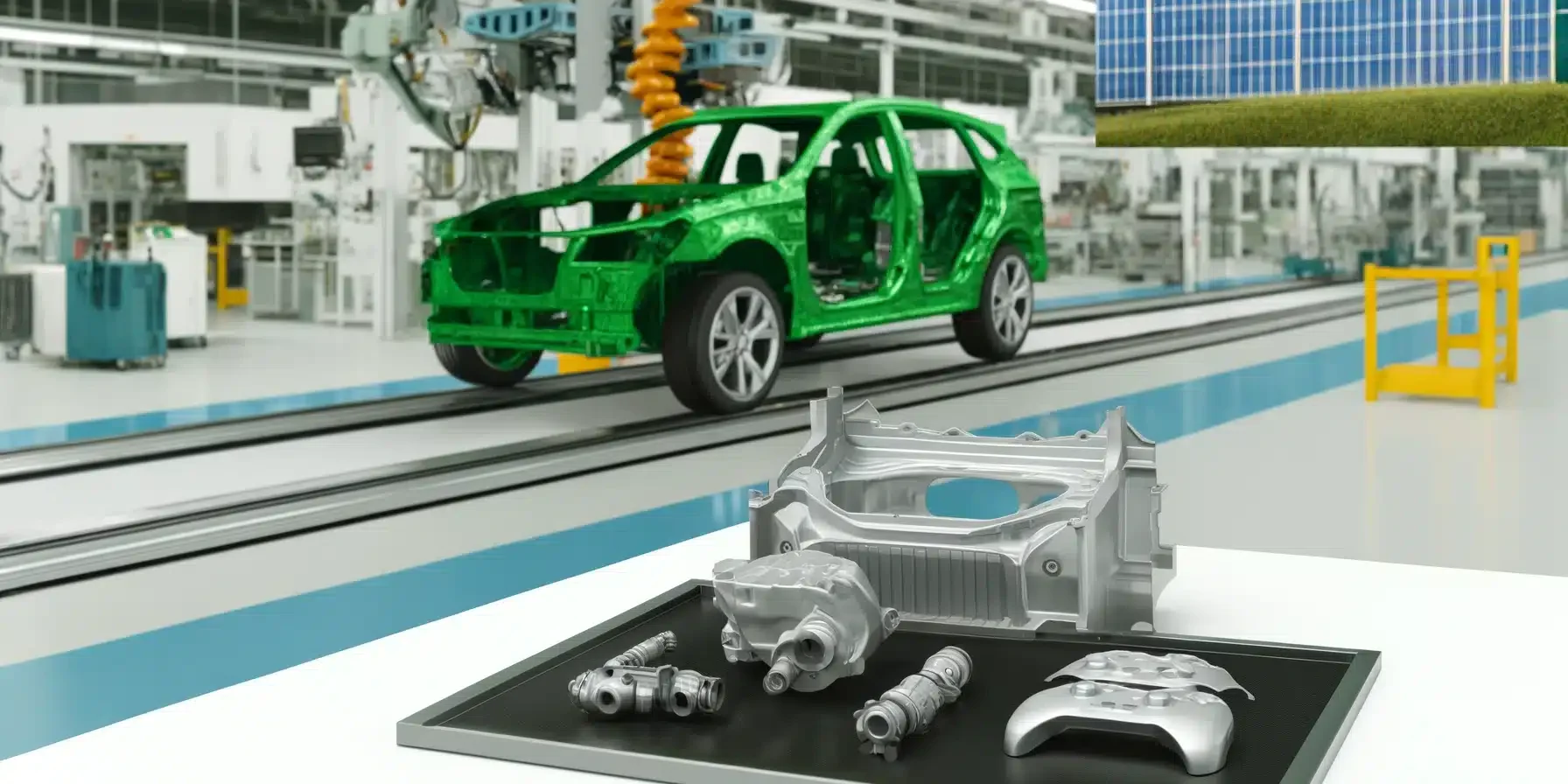 car manufacturing assembly line, showing car components made from sustainable materials like recycled metals and bioplast