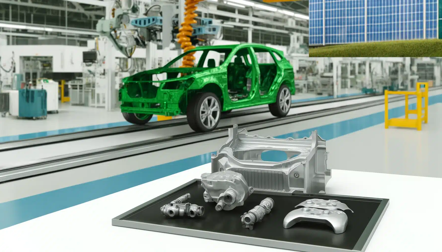 car manufacturing assembly line, showing car components made from sustainable materials like recycled metals and bioplast