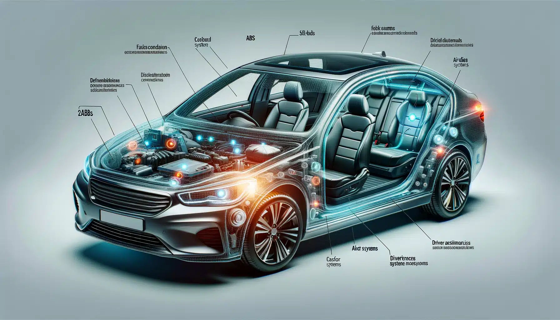 cross-section of a modern car, highlighting various safety systems such as airbags, ABS, and driver assistance syste
