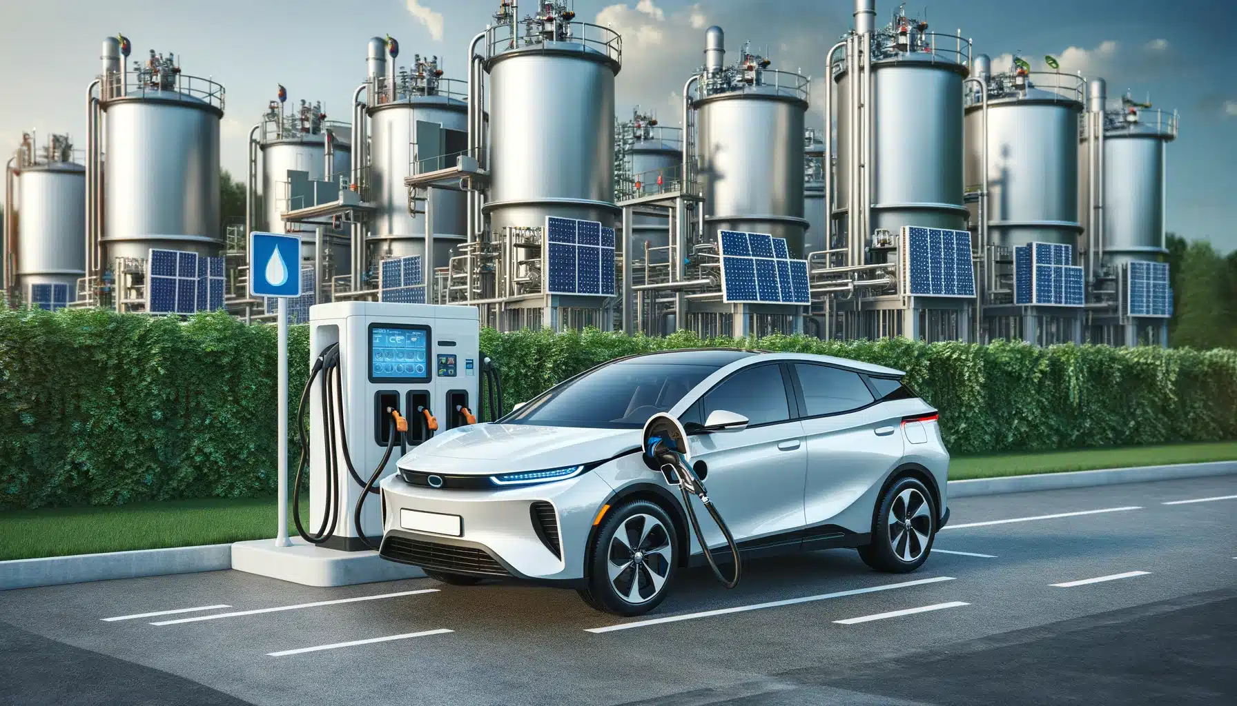 hydrogen fuel cell car refueling at a hydrogen station. The background should include elements related to hydrogen produc