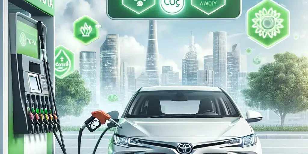 A Toyota car being refueled at a modern fuel station, with clear signage indicating low-emission, eco-friendly fuel. The background shows a clean, con