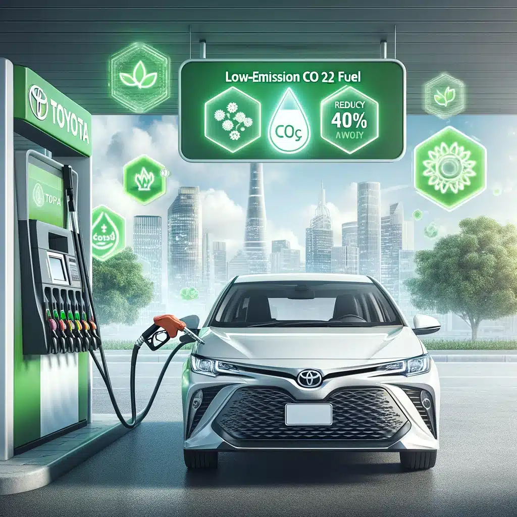 A Toyota car being refueled at a modern fuel station, with clear signage indicating low-emission, eco-friendly fuel. The background shows a clean, con