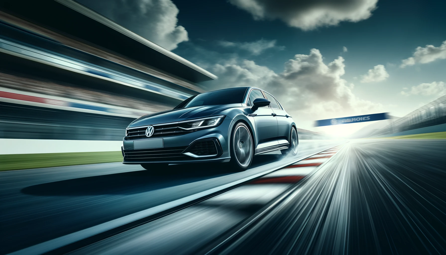 A Volkswagen car speeding on a racetrack, showcasing its sleek design and high performance. The background should feature a dynamic racing environment