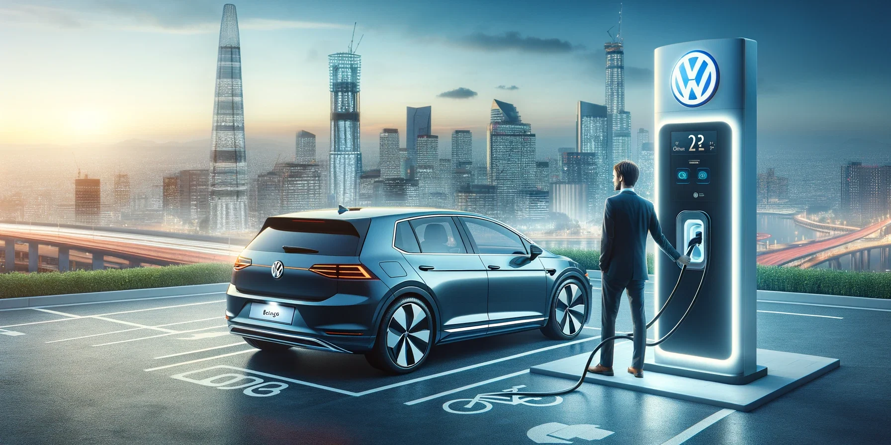 A Volkswagen electric car being charged at a modern charging station, with a cityscape in the background. The scene should highlight the car’s sleek d