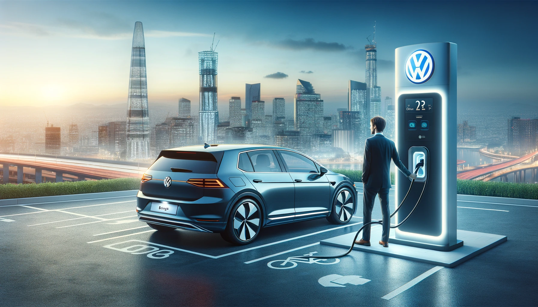A Volkswagen electric car being charged at a modern charging station, with a cityscape in the background. The scene should highlight the car’s sleek d