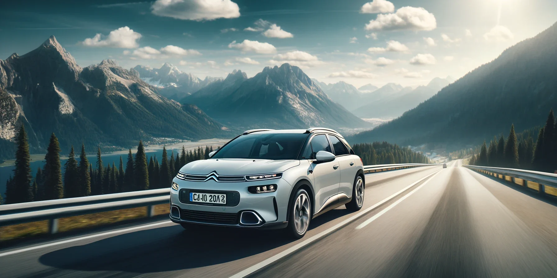 A modern Citroen C4 X electric car driving on a scenic road with a background of mountains and clear blue sky, highlighting its stylish design and adv