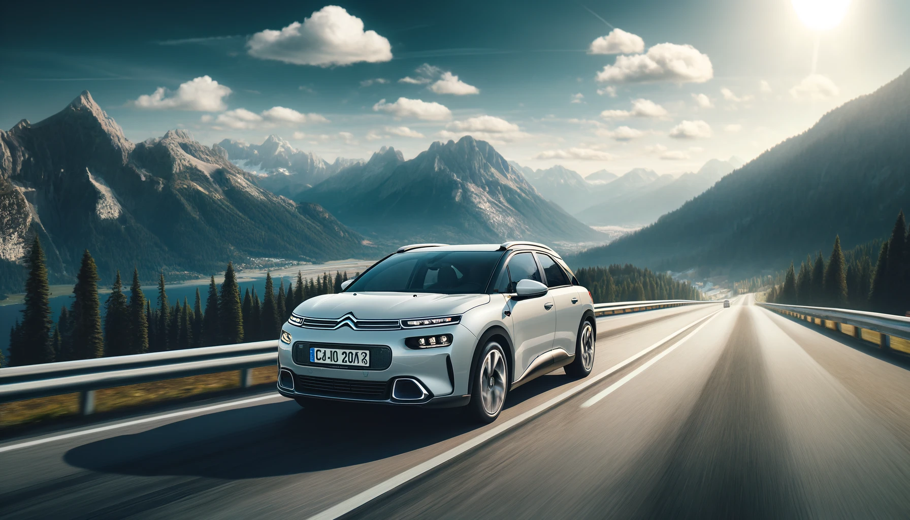 A modern Citroen C4 X electric car driving on a scenic road with a background of mountains and clear blue sky, highlighting its stylish design and adv