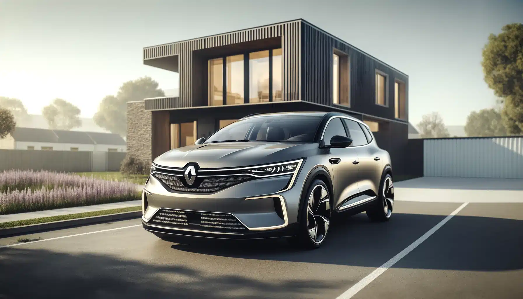 A modern family car, Renault Symbioz, with sleek, aerodynamic design. The car is parked in a suburban setting with a modern house in the background. T
