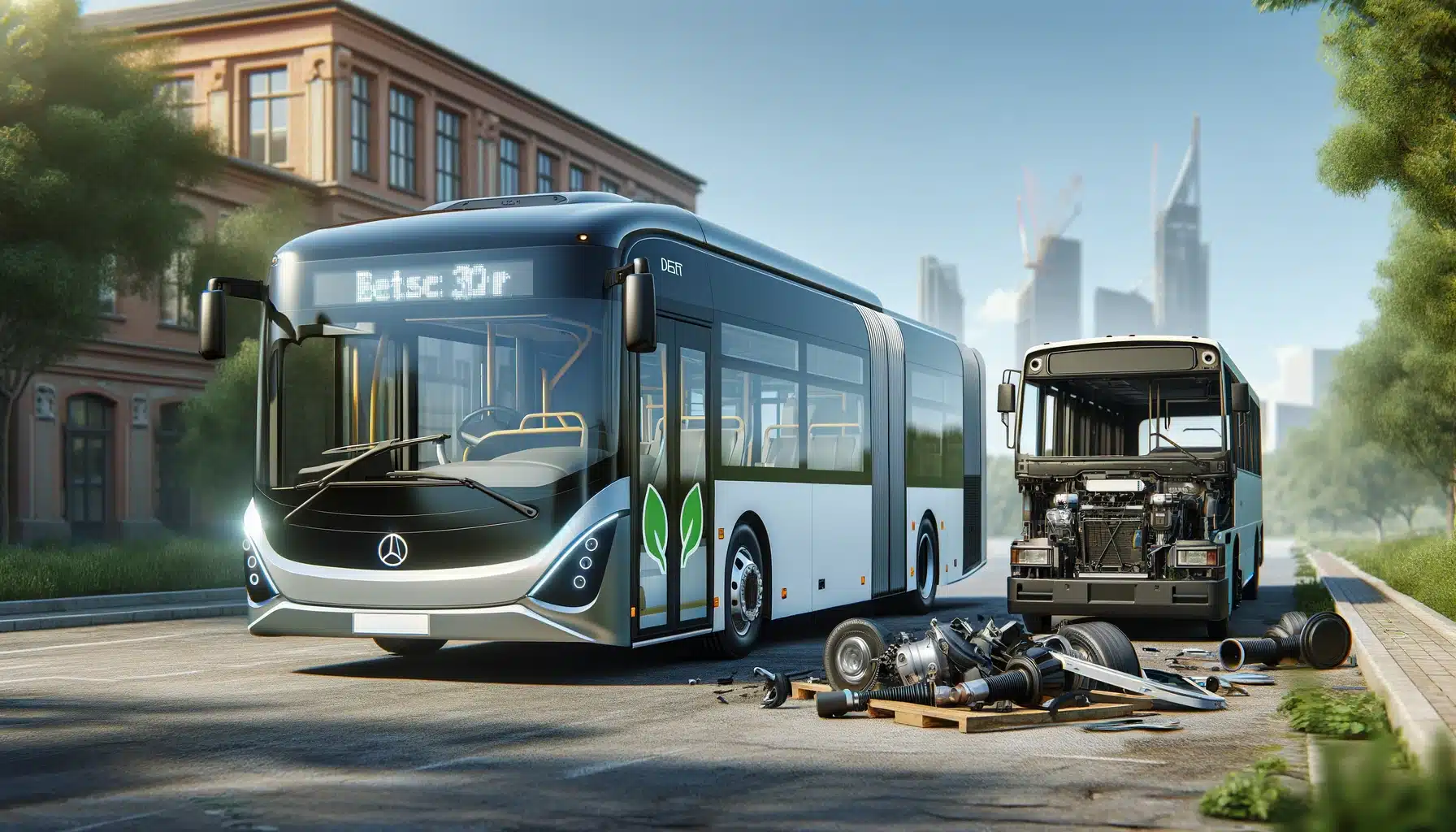 A realistic scene featuring an electric bus in the foreground, sleek and modern with clean lines and eco-friendly branding. In the background, a diese