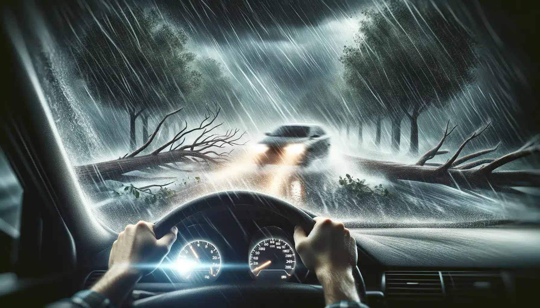 A realistic scene of a car with headlights on, driving carefully during a violent storm. Heavy rain and strong winds are present, with fallen trees in