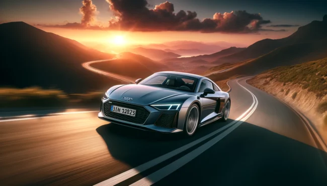 A sleek and modern Audi sports car driving through a winding mountain road at sunset. The car is in motion, showcasing its dynamic design and high-per