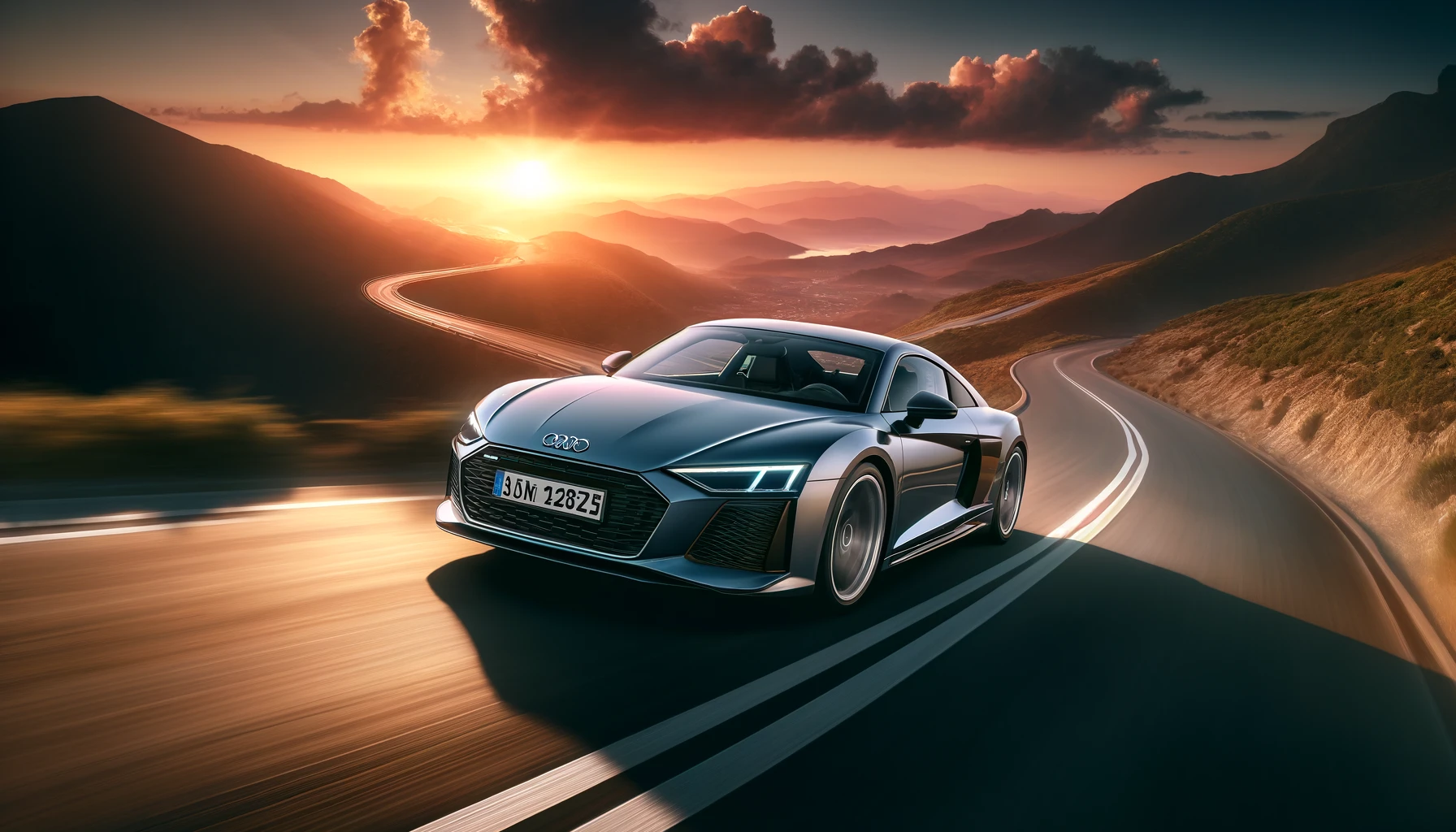 A sleek and modern Audi sports car driving through a winding mountain road at sunset. The car is in motion, showcasing its dynamic design and high-per