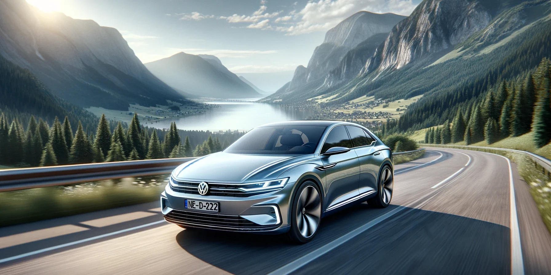 A sleek and modern Volkswagen car driving through a scenic mountain road, showcasing its elegant design and the surrounding natural beauty. The car sh