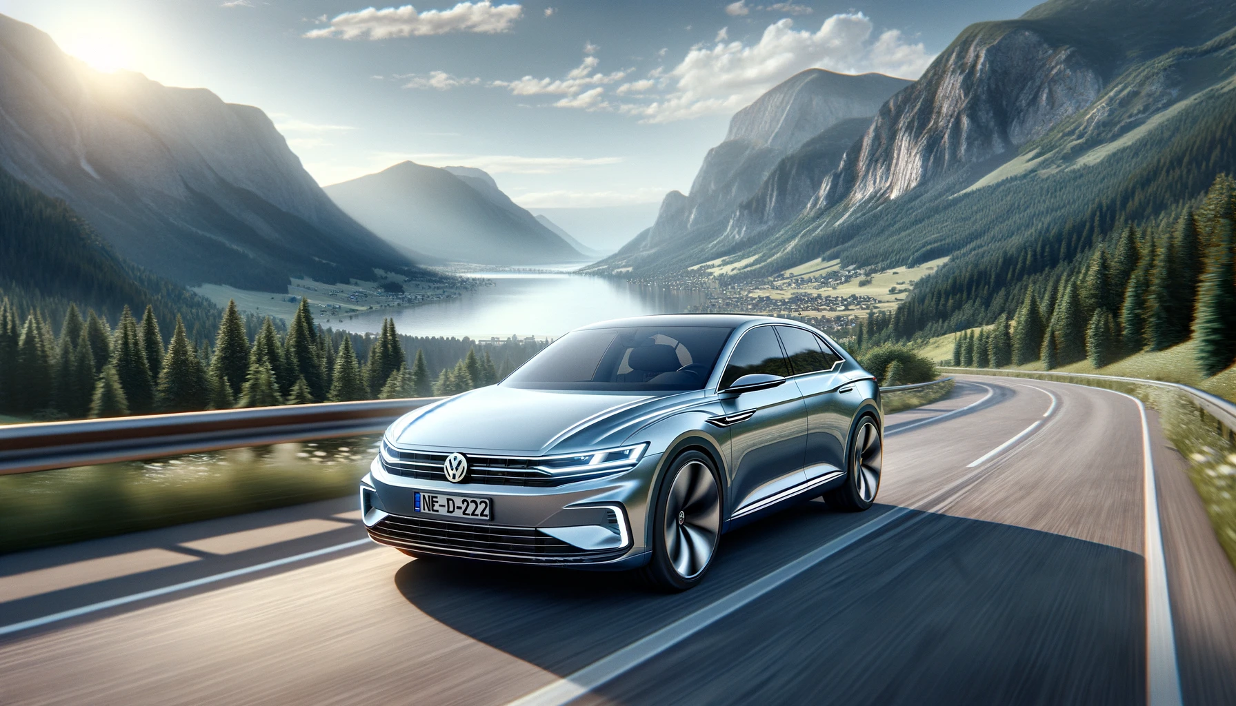 A sleek and modern Volkswagen car driving through a scenic mountain road, showcasing its elegant design and the surrounding natural beauty. The car sh