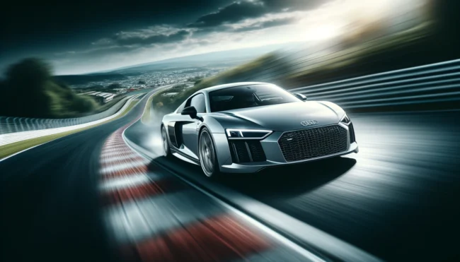 An Audi R8 sports car speeding on a racetrack. The car is in motion, showcasing its aerodynamic design and powerful engine. The background features a