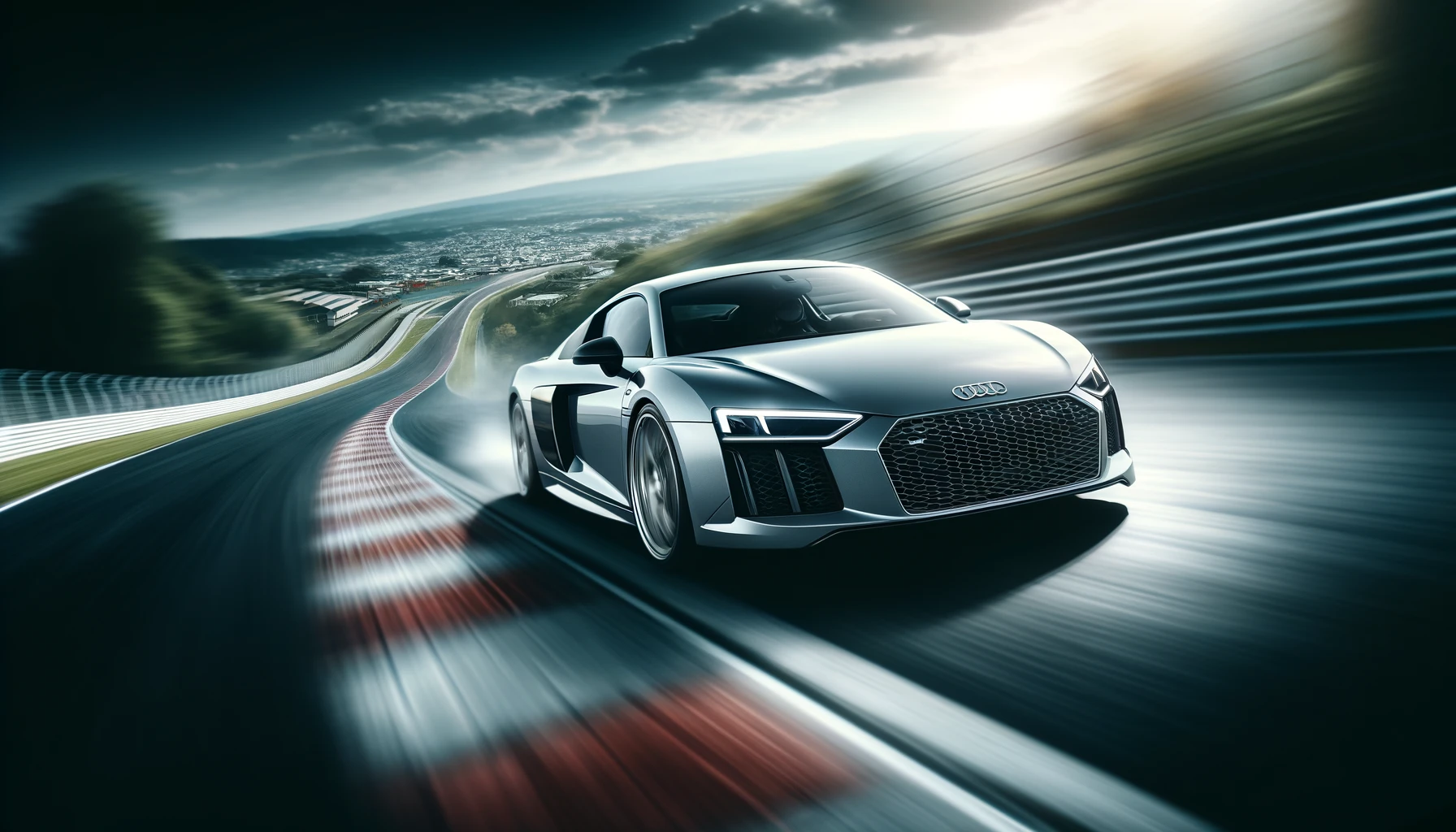 An Audi R8 sports car speeding on a racetrack. The car is in motion, showcasing its aerodynamic design and powerful engine. The background features a