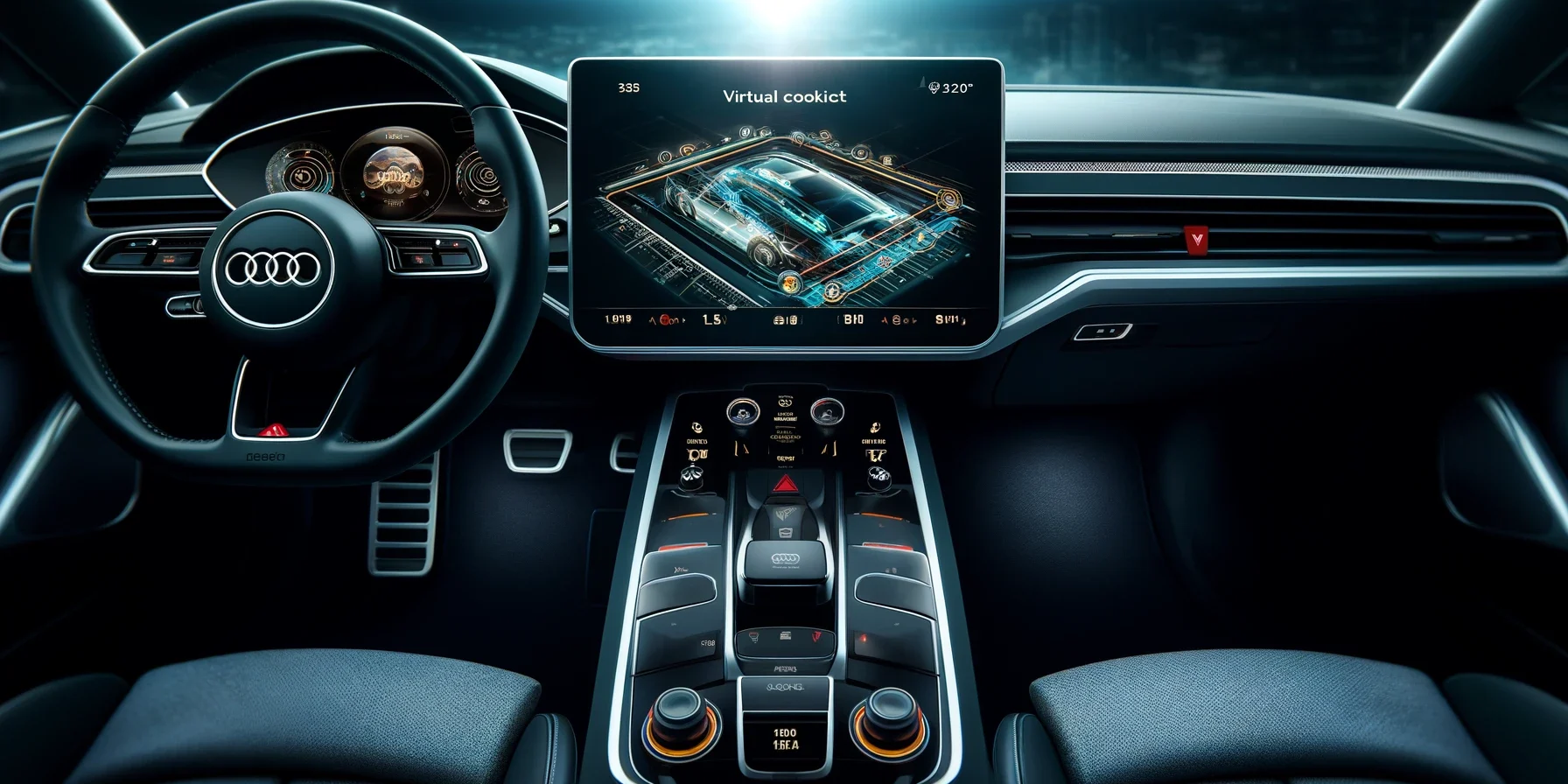 An Audi car interior featuring the Virtual Cockpit display. The dashboard is sleek and modern with a high-resolution screen showing navigation and oth