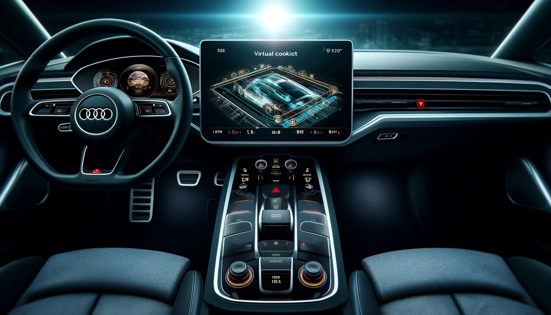 An Audi car interior featuring the Virtual Cockpit display. The dashboard is sleek and modern with a high-resolution screen showing navigation and oth