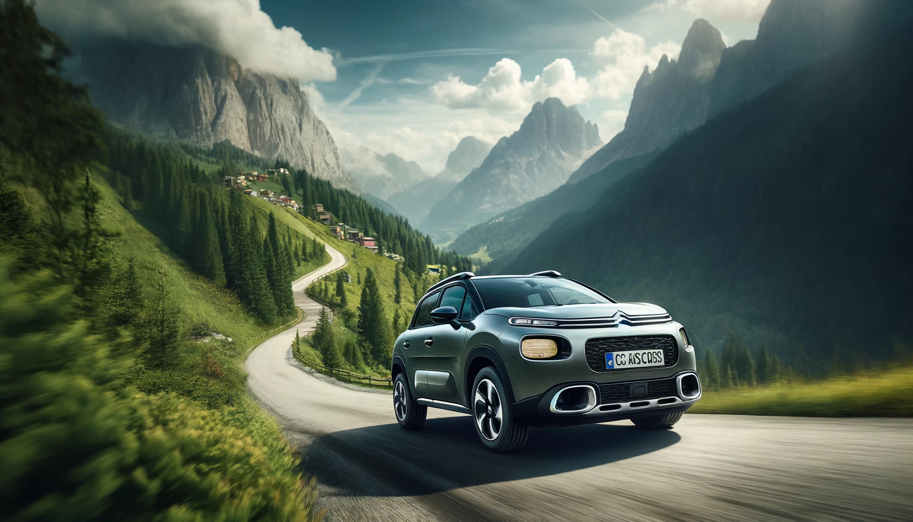 An adventurous scene featuring the new Citroen C3 Aircross on a scenic mountain road. The car, equipped with rugged features, navigates a winding road