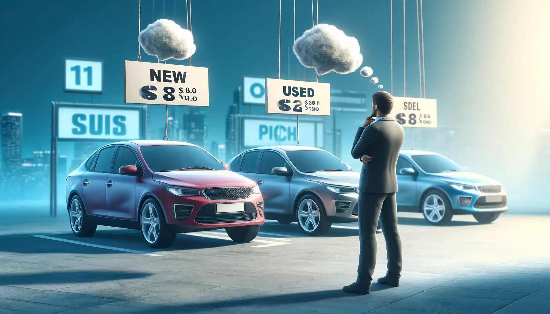 Depicting rising car prices. Show a person at a car dealership looking at new and used cars. One car is marked as ‘new’ with a high