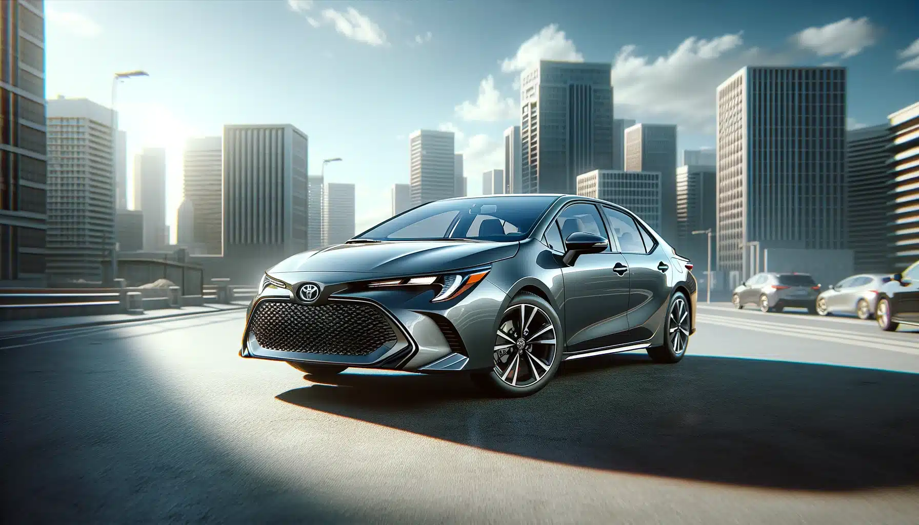 Toyota Corolla Sedan with a sleek, modern design parked in an urban setting. The car is shown in a stylish, dynamic pose