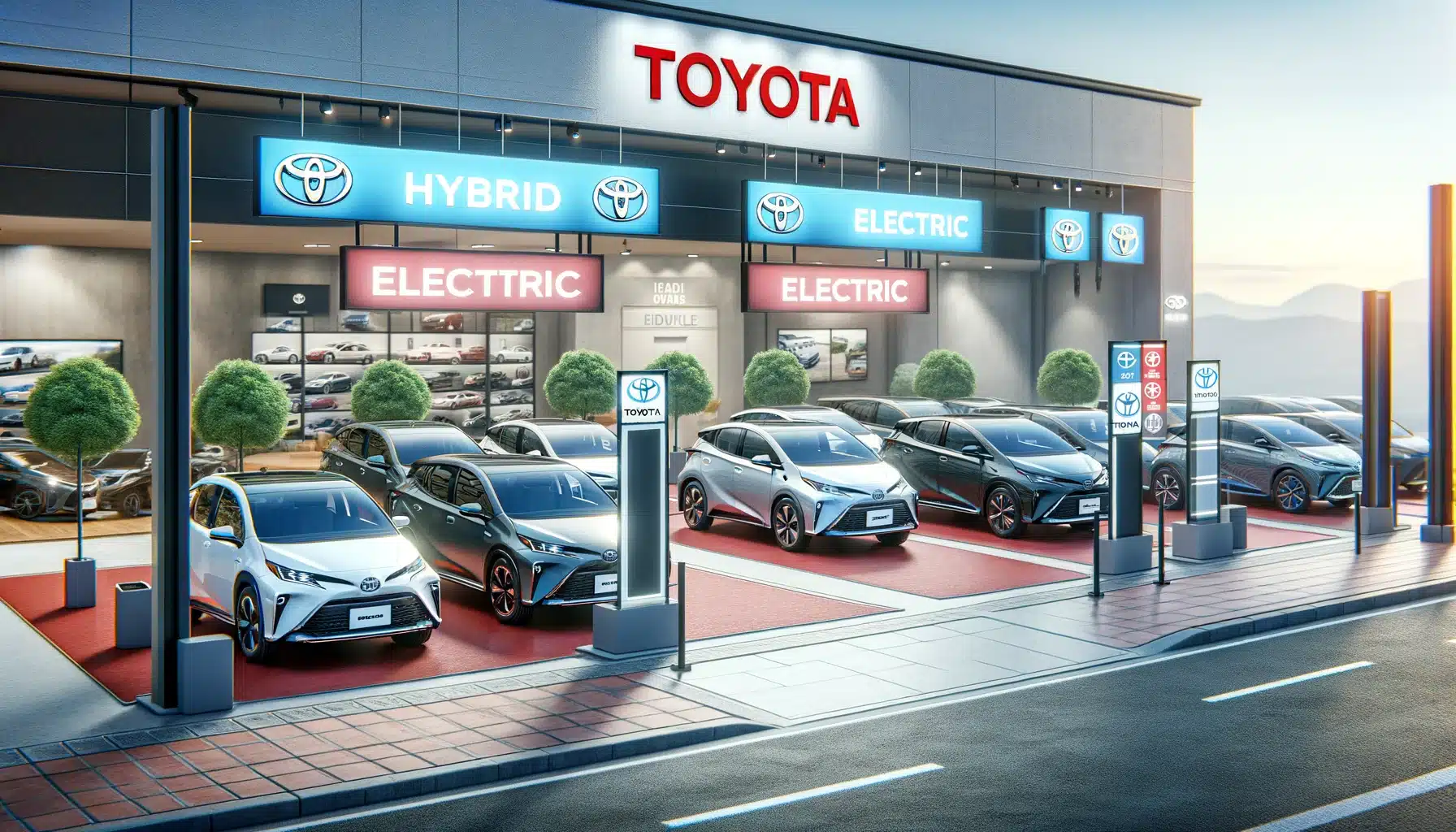 Toyota’s lag in electrification. Show a car dealership or showroom with a prominent display of Toyota hybrid vehicles and