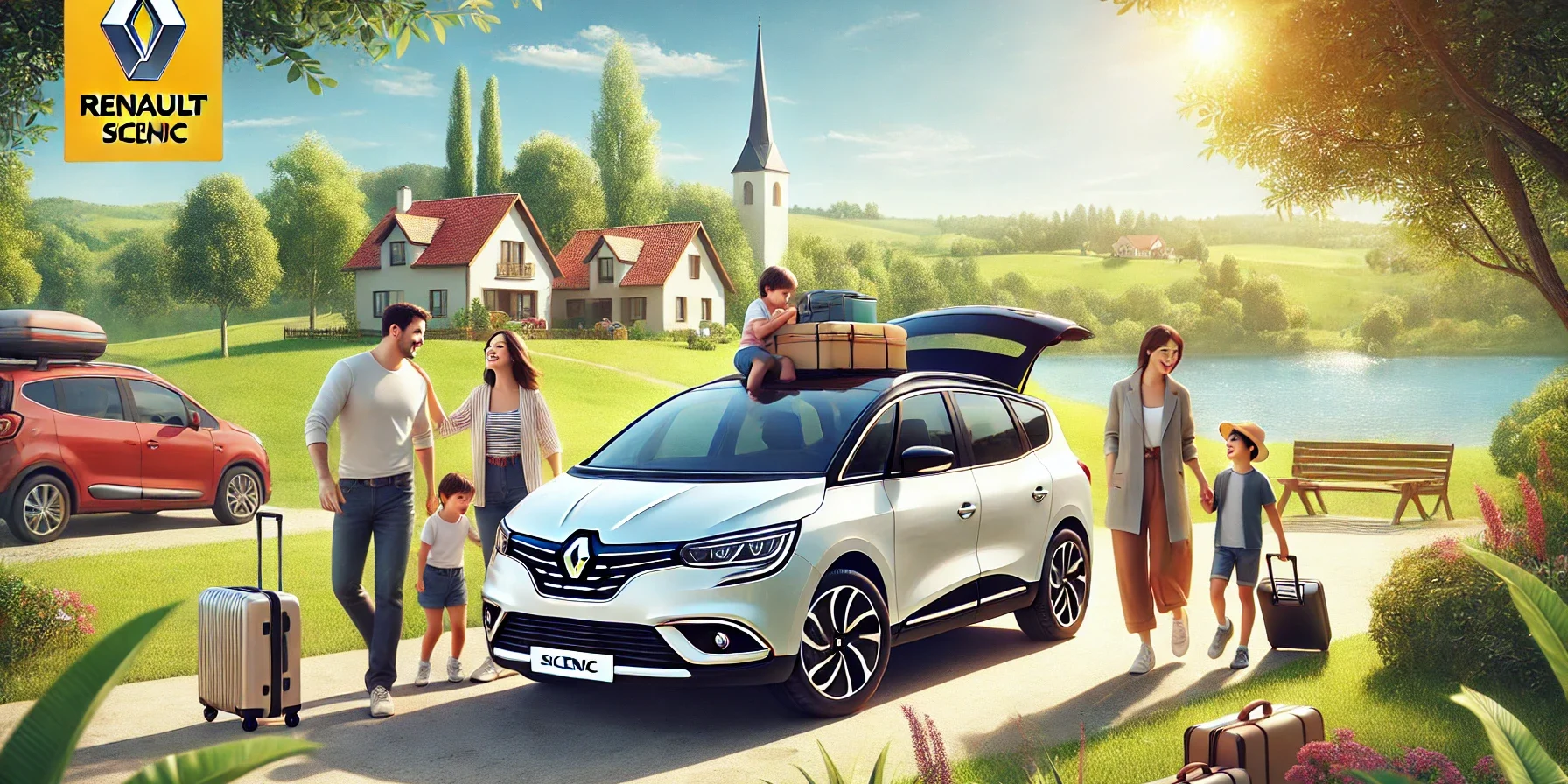 A family enjoying their Renault Scenic, showcasing it as the perfect family car. The scene features a spacious, modern Renault Scenic parked in a pict