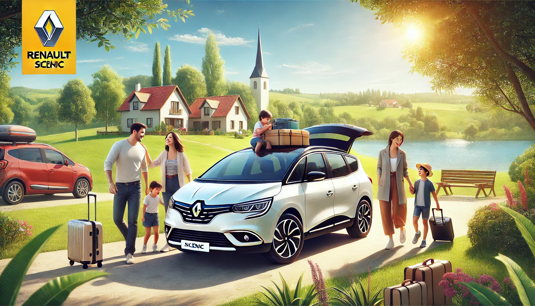 A family enjoying their Renault Scenic, showcasing it as the perfect family car. The scene features a spacious, modern Renault Scenic parked in a pict