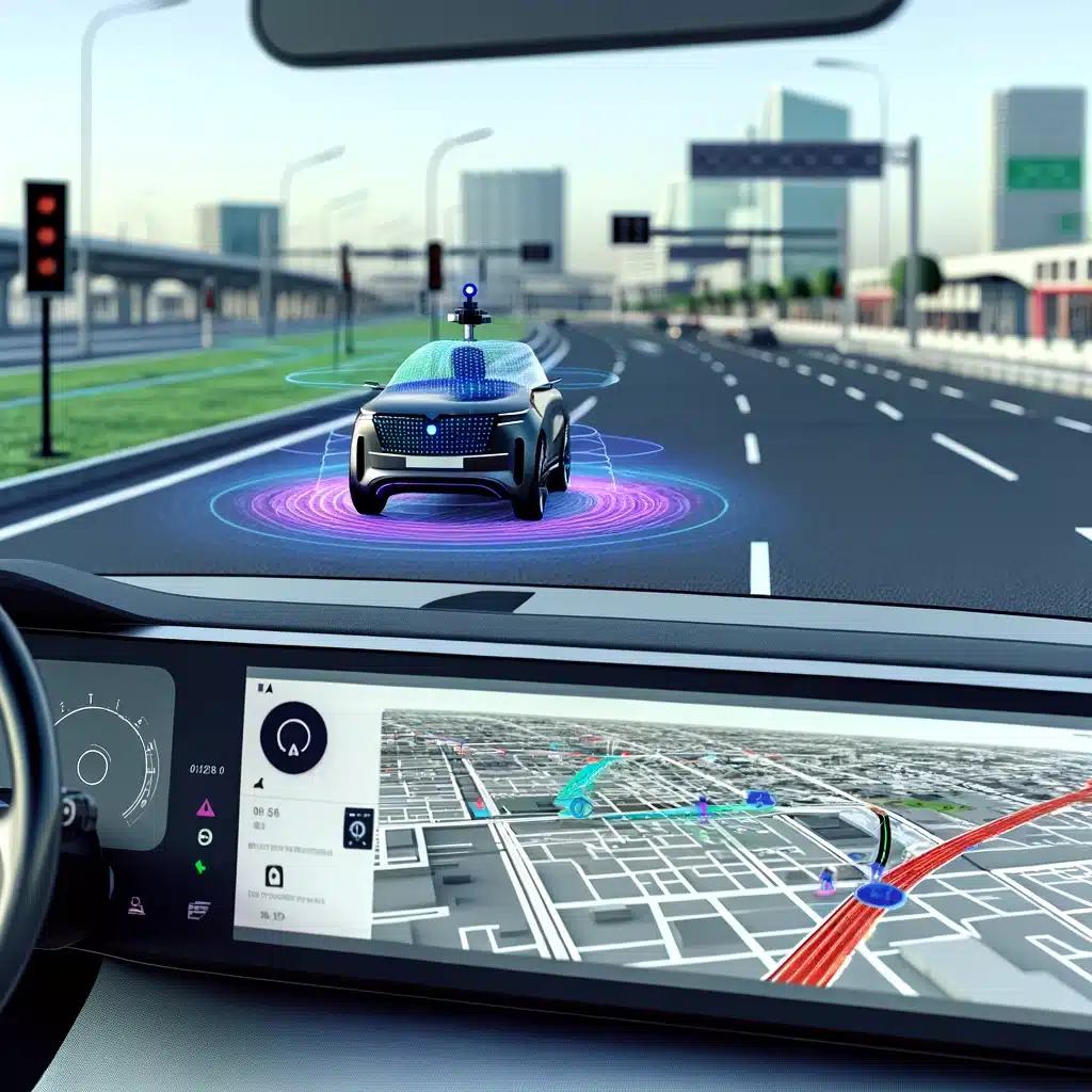 A futuristic autonomous car driving on a highway, equipped with advanced sensors and AI technology. The scene includes a high-precision map displayed