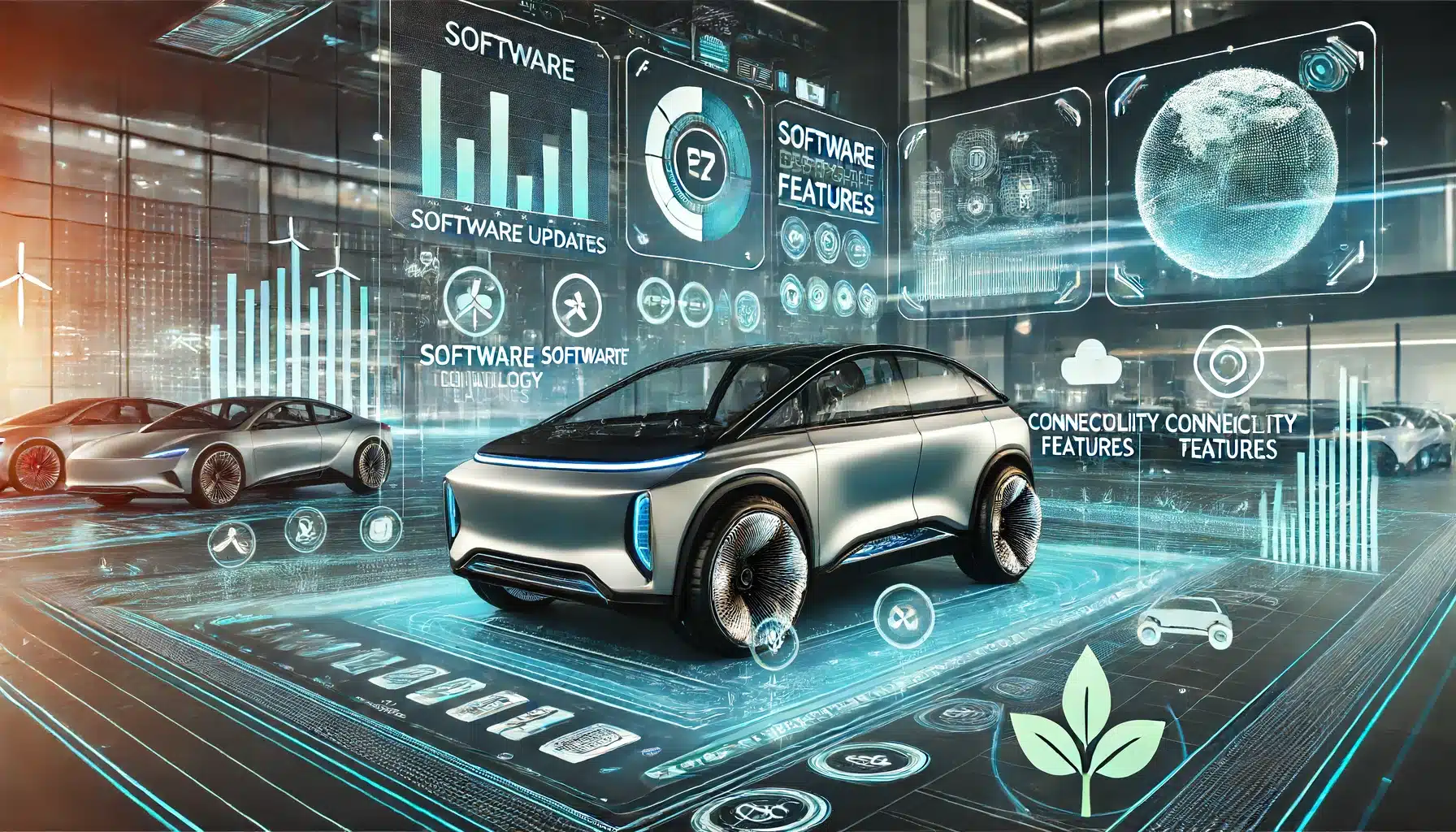 A futuristic scene showcasing a modern Stellantis vehicle equipped with advanced technology. The car is parked in a sleek, high-tech environment with