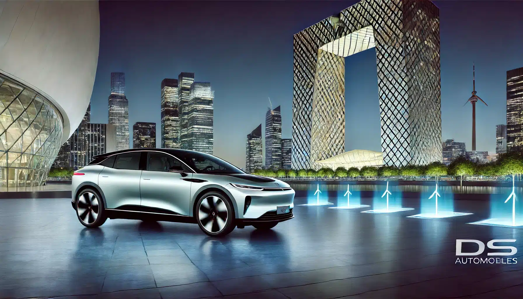 A luxurious DS Automobiles electric vehicle driving through a sleek, modern cityscape at twilight. The car features cutting-edge design and advanced t