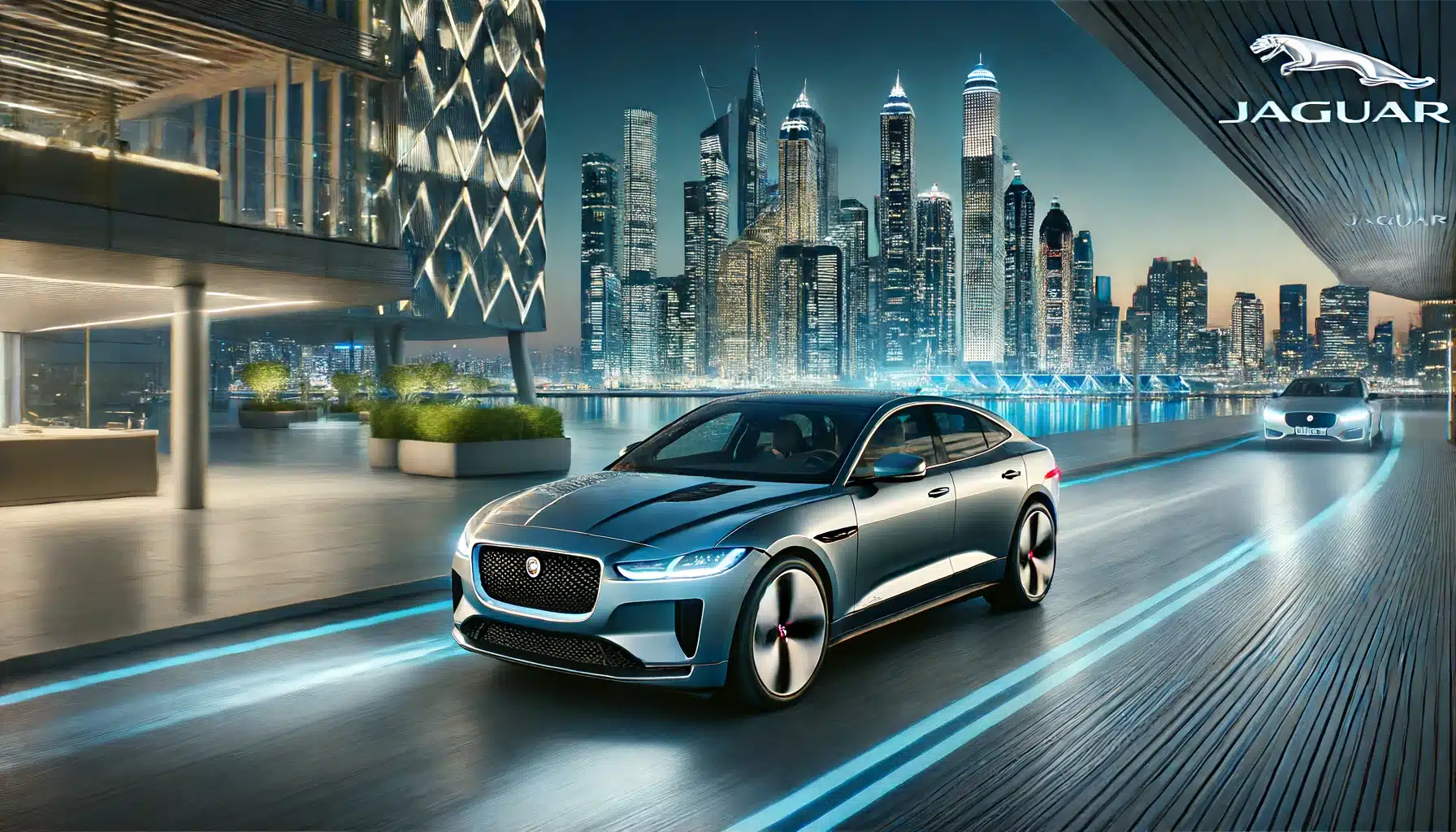 A luxurious Jaguar electric vehicle driving through a sleek, modern cityscape at twilight. The car features cutting-edge design and advanced technolog