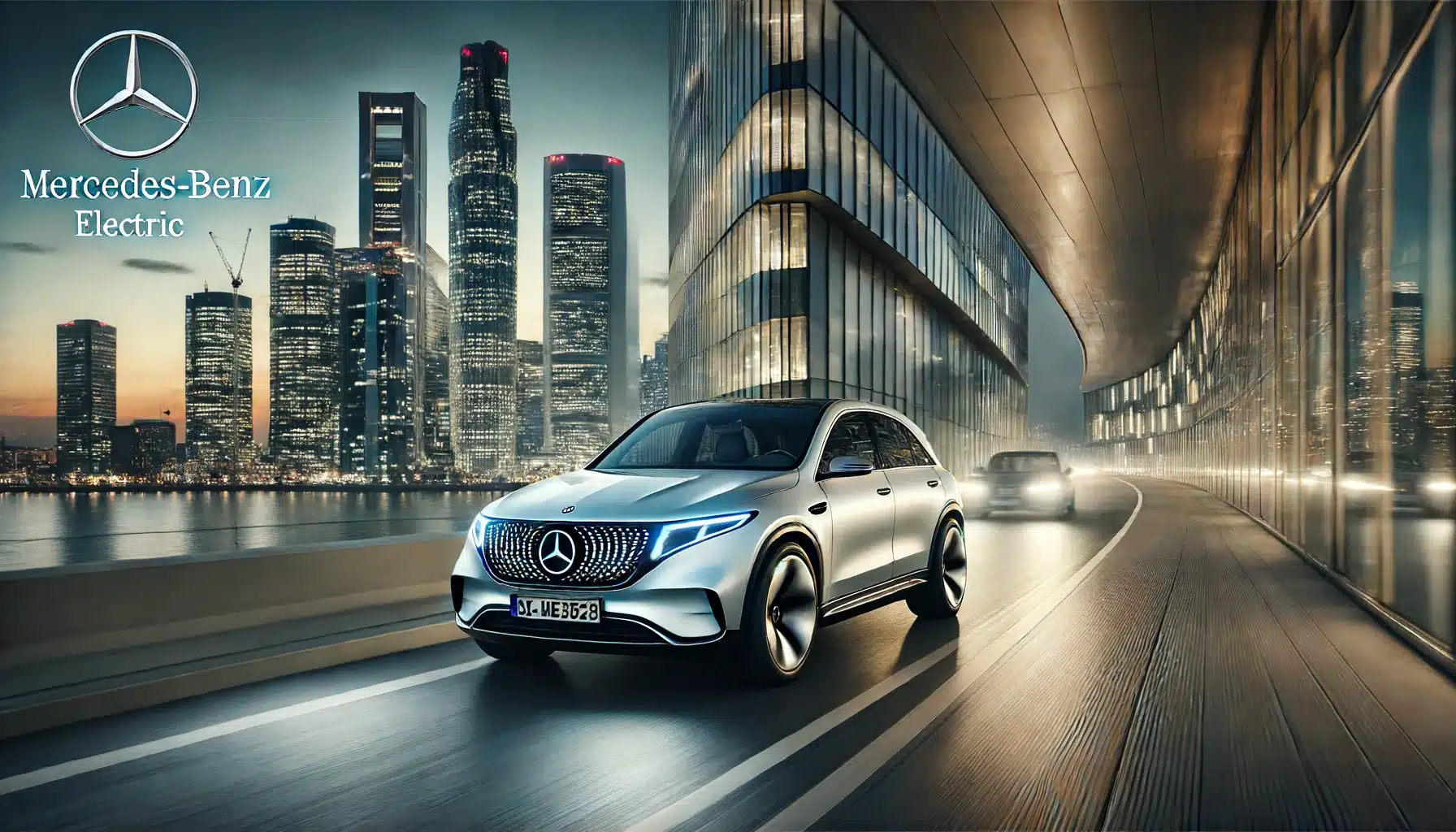 A luxurious, high-tech Mercedes-Benz electric vehicle driving through a sophisticated urban environment at twilight. The car features sleek lines and