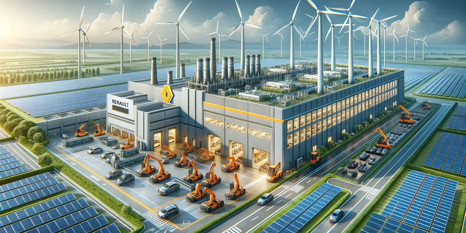 A modern Renault factory powered by renewable energy sources, with solar panels and wind turbines in the background, highlighting sustainable manufact