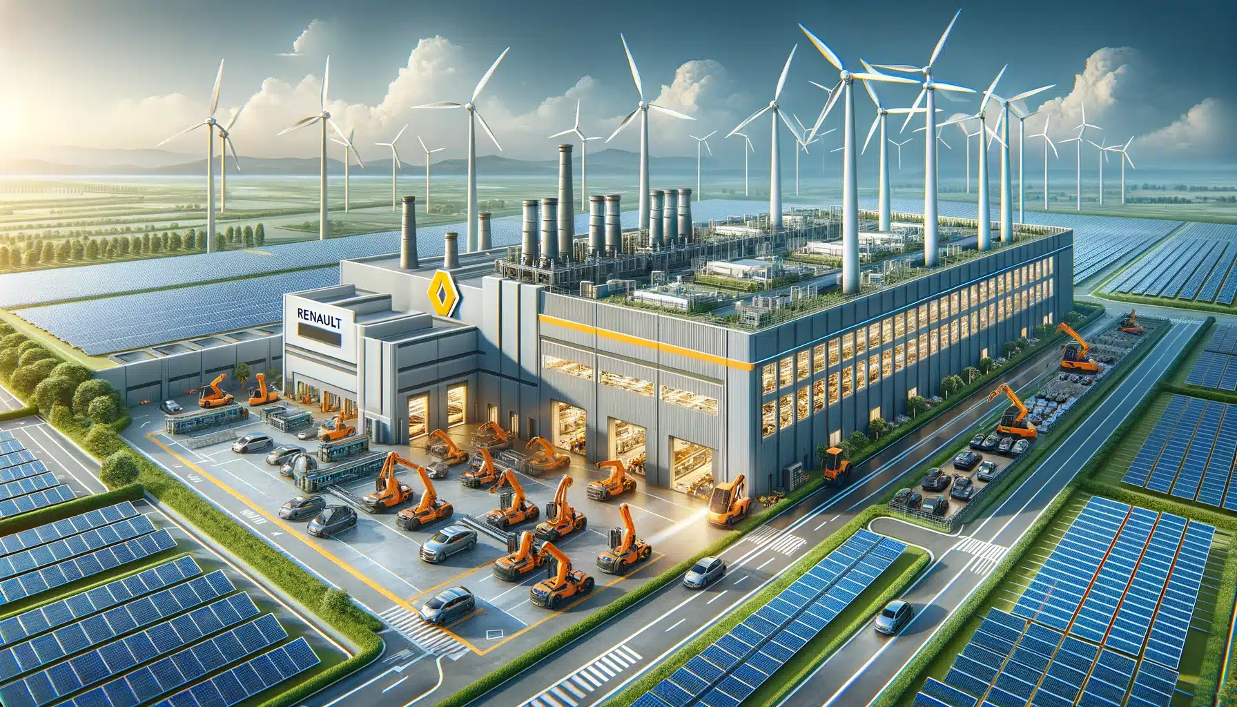 A modern Renault factory powered by renewable energy sources, with solar panels and wind turbines in the background, highlighting sustainable manufact