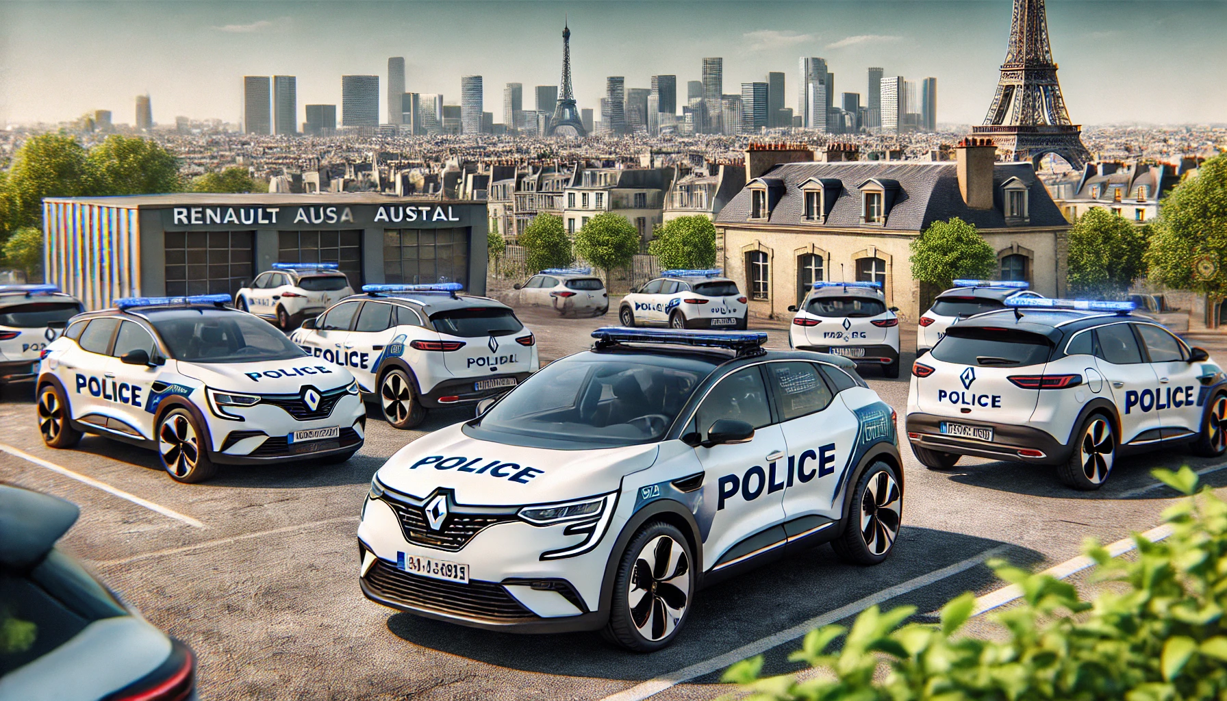 A modern police car fleet in the French city of Wissous, featuring Renault Austral cars with a sleek and eco-friendly design. The cars are equipped wi