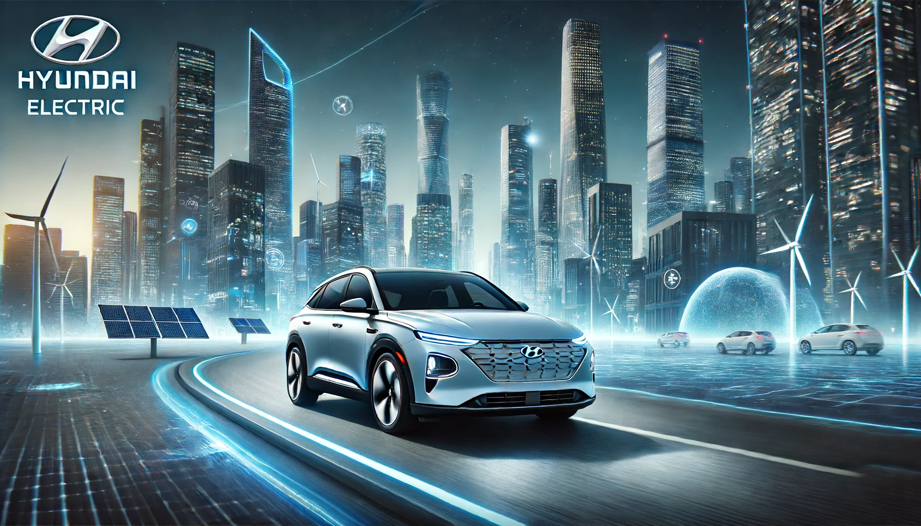 A sleek, modern Hyundai electric vehicle driving through a futuristic cityscape at twilight. The car features advanced technology and sustainable desi