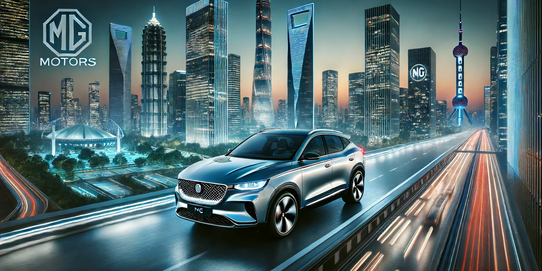 A sleek, modern MG electric vehicle driving through a futuristic cityscape at twilight. The car features advanced technology and sustainable design, h