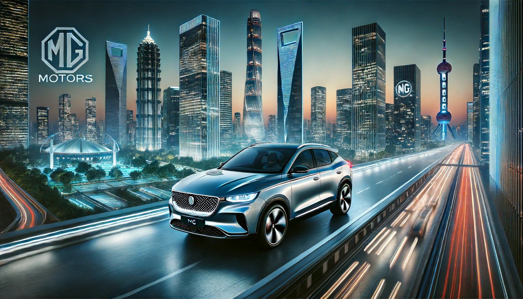 A sleek, modern MG electric vehicle driving through a futuristic cityscape at twilight. The car features advanced technology and sustainable design, h