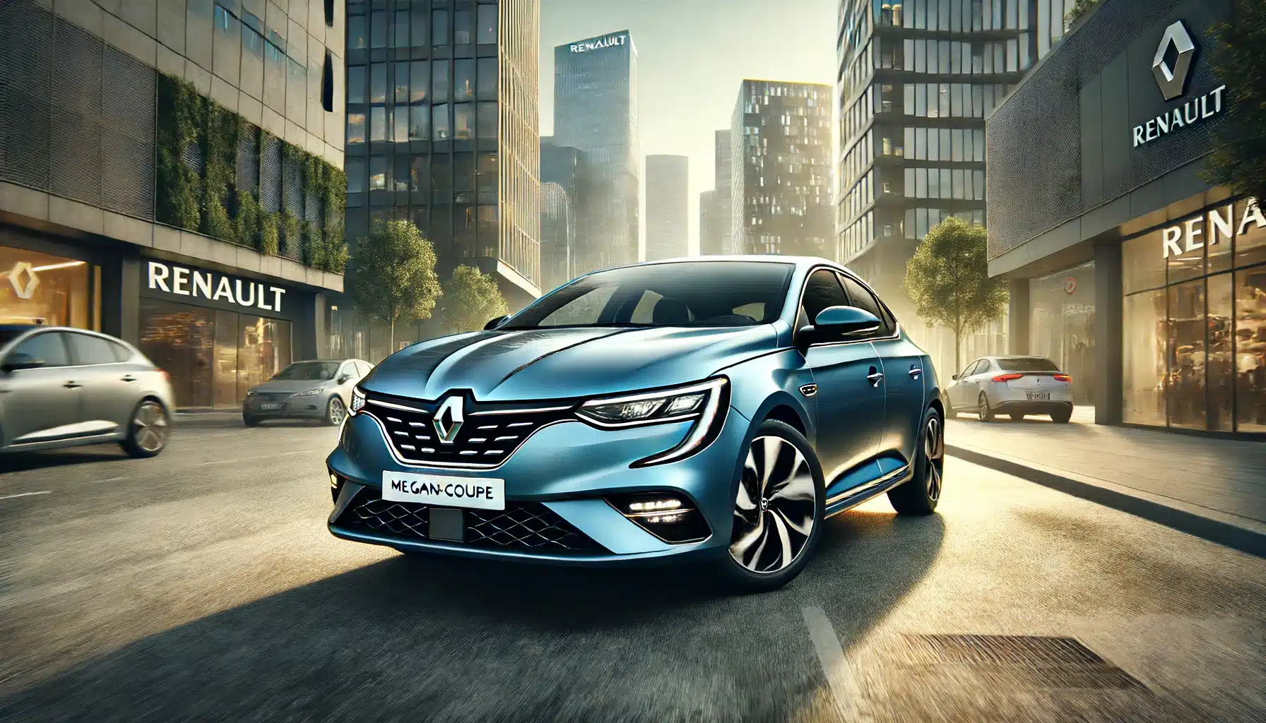 A sleek, modern Renault Megane GrandCoupe in a dynamic pose on an urban street. The car is in a shiny metallic blue color, showcasing its elegant seda