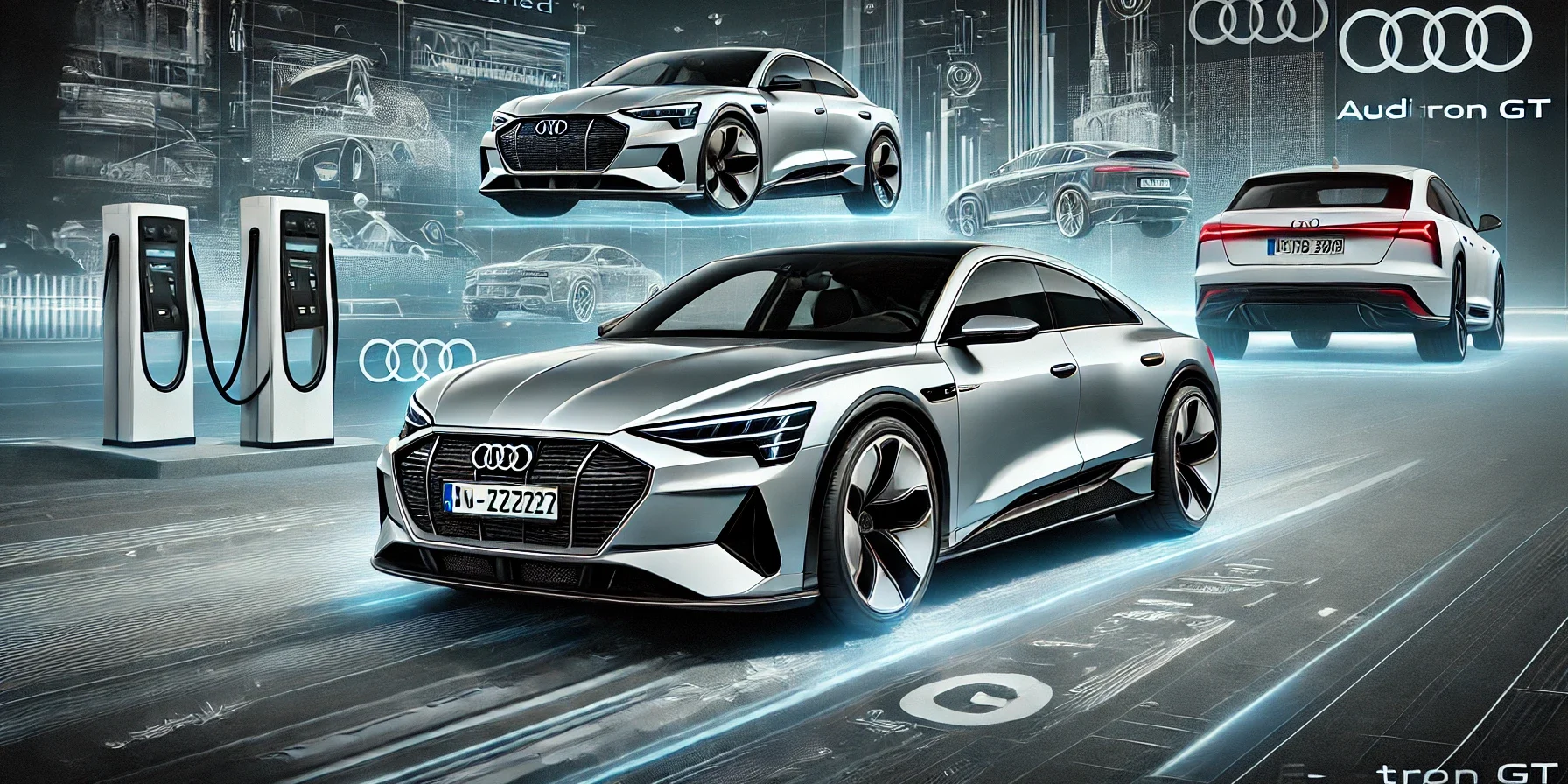 Audi e-tron GT, highlighting its powerful and sleek design. The image shows the car in a dynamic pose, capturing its
