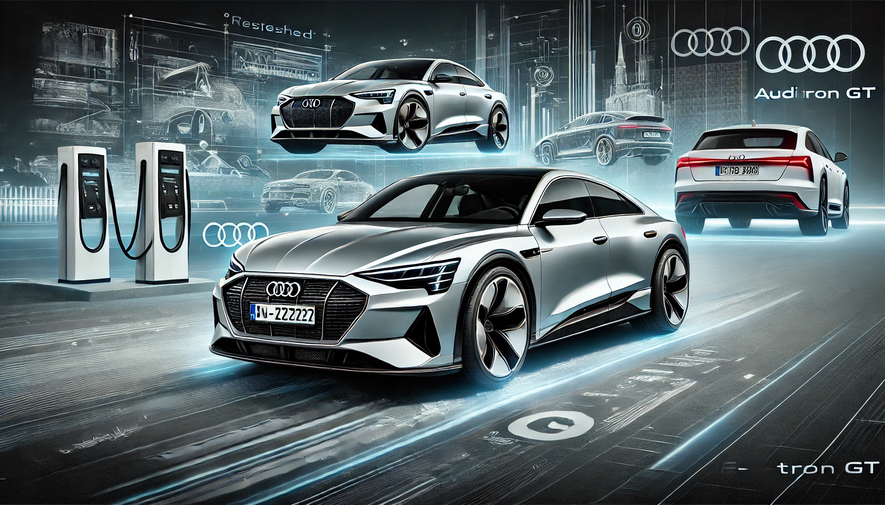 Audi e-tron GT, highlighting its powerful and sleek design. The image shows the car in a dynamic pose, capturing its