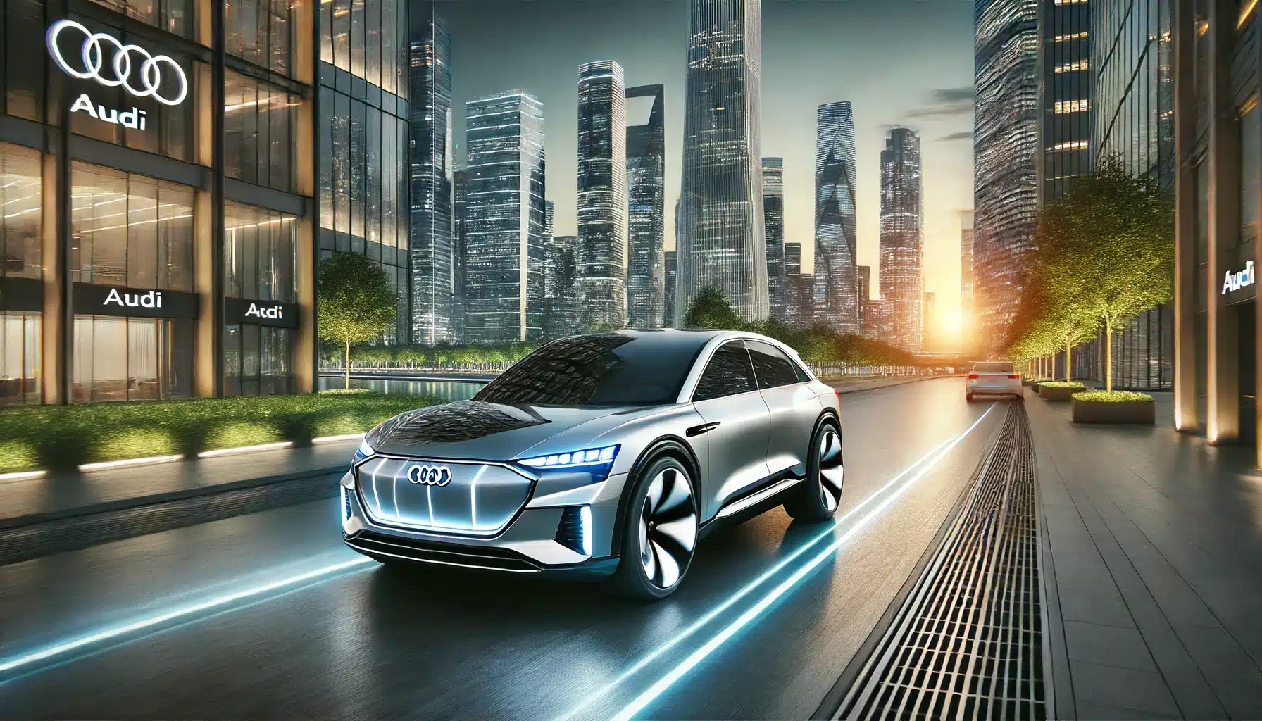 Audi electric vehicle driving through a sleek, modern cityscape at sunset. The car features cutting-edge design and advanced technology,